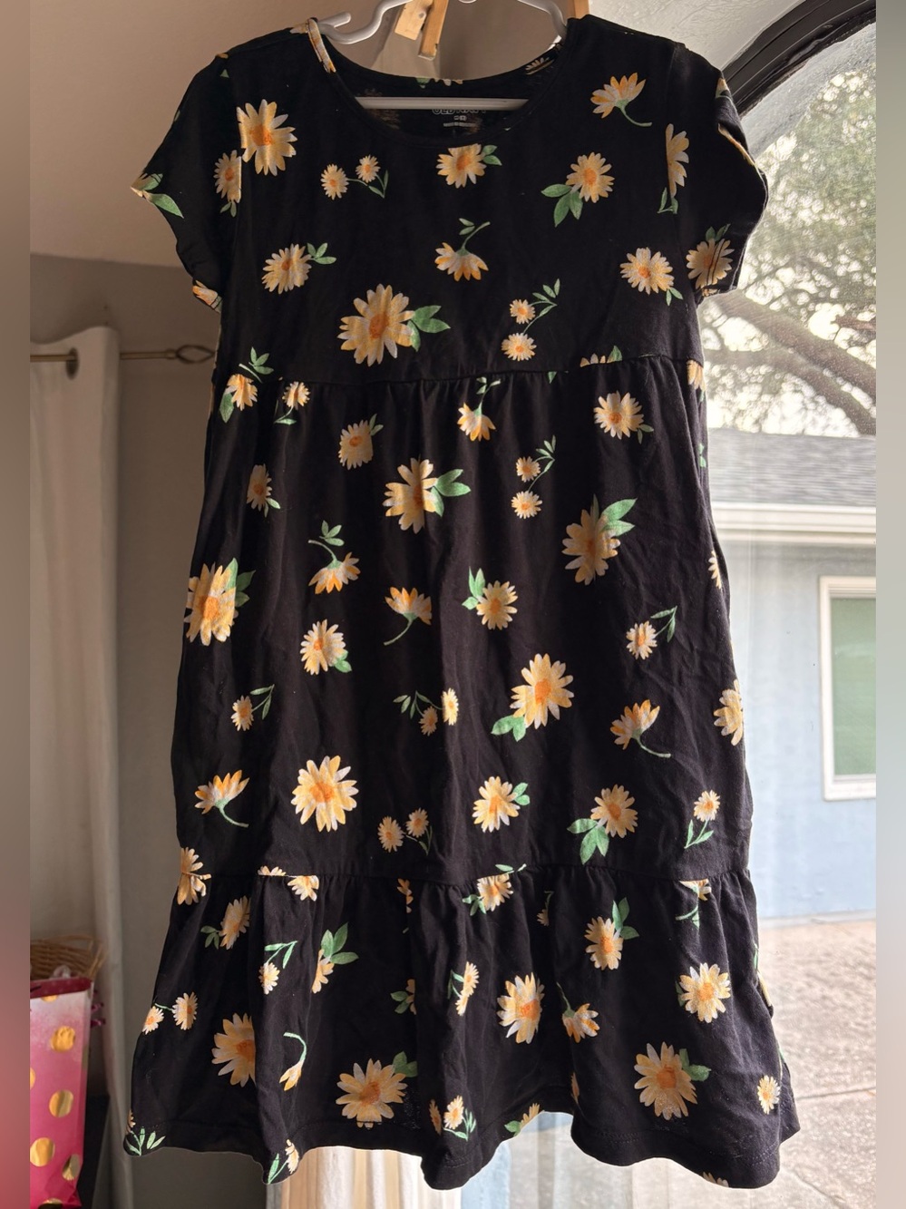Old Navy Black Tiered Dress with Yellow Daisy Print and Pockets
